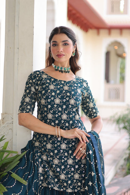 Teal Elegant Faux Georgette Sequins Embroidered Kurti