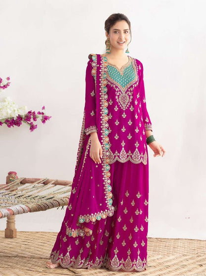 Beautiful Wine Purple Kurti Sharara Set With Heavy Embroidery