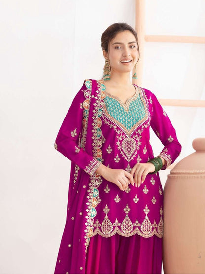 Beautiful Wine Purple Kurti Sharara Set With Heavy Embroidery