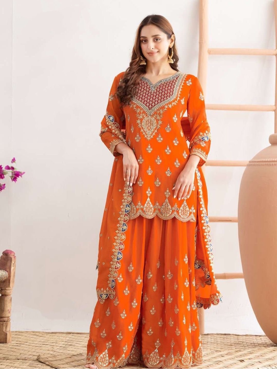Elegent Orange Palazzo Suit With  Sequence Work And Mirror Diamonds
