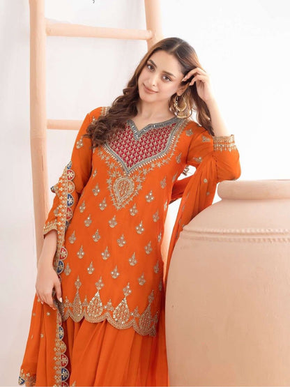 Elegent Orange Palazzo Suit With  Sequence Work And Mirror Diamonds