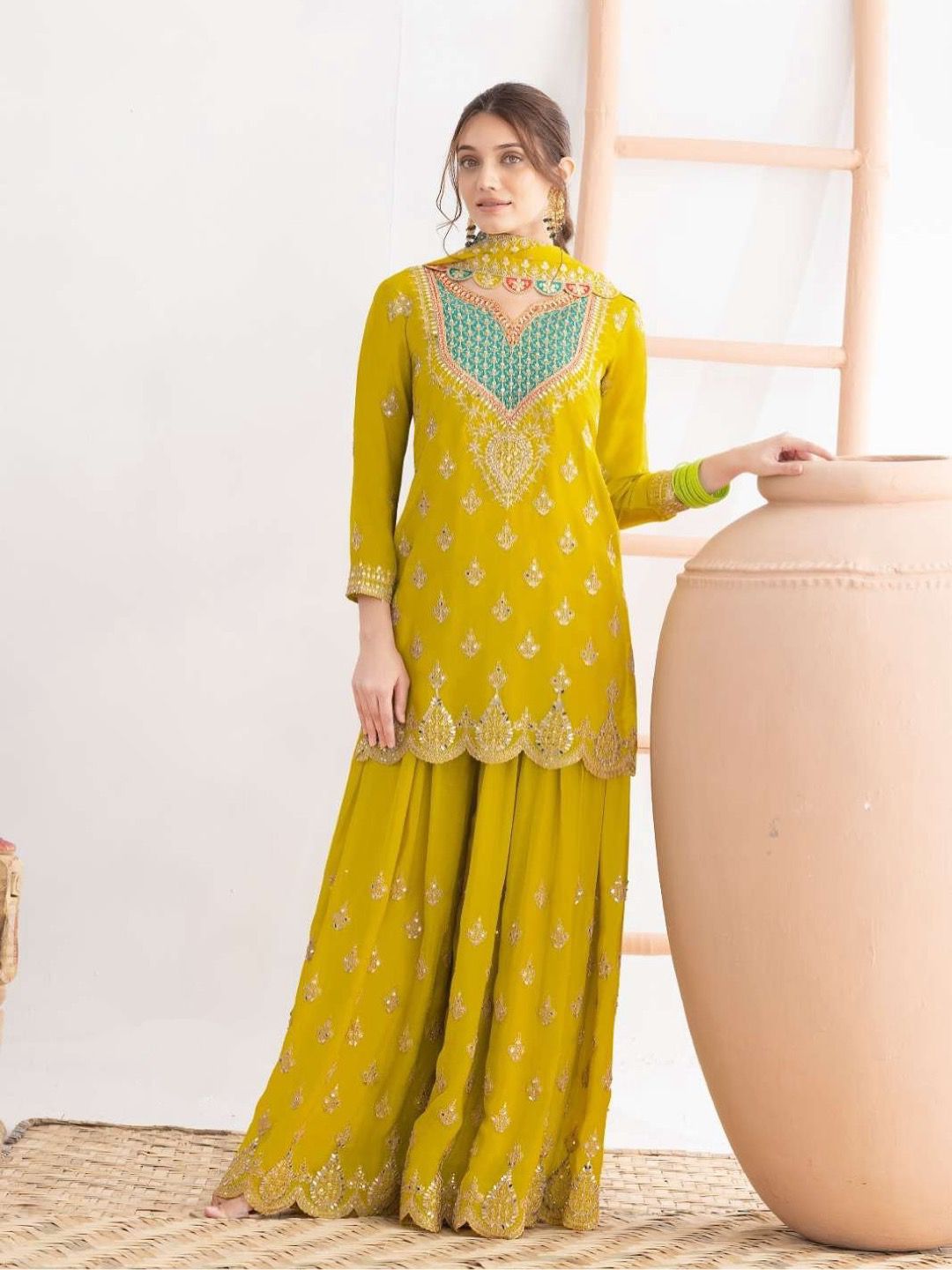 Elegant Yellow Ethnic Embroidered Kurti with Sharara
