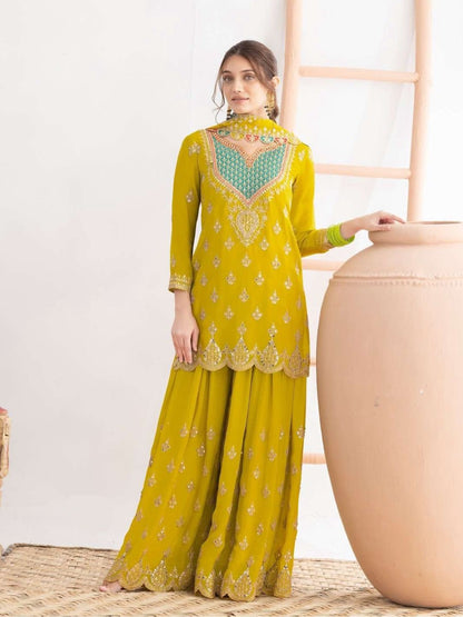Elegant Yellow Ethnic Embroidered Kurti with Sharara