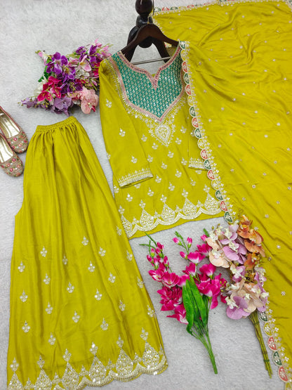 Elegant Yellow Ethnic Embroidered Kurti with Sharara