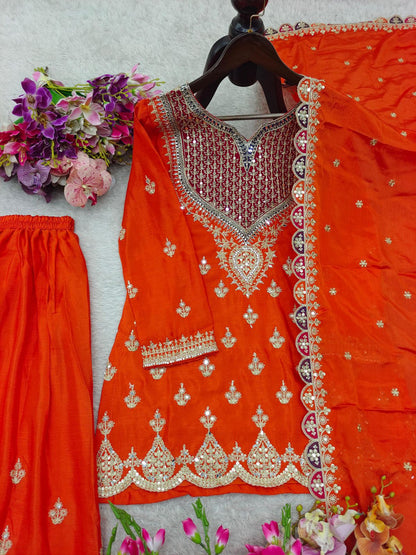 Elegent Orange Palazzo Suit With  Sequence Work And Mirror Diamonds