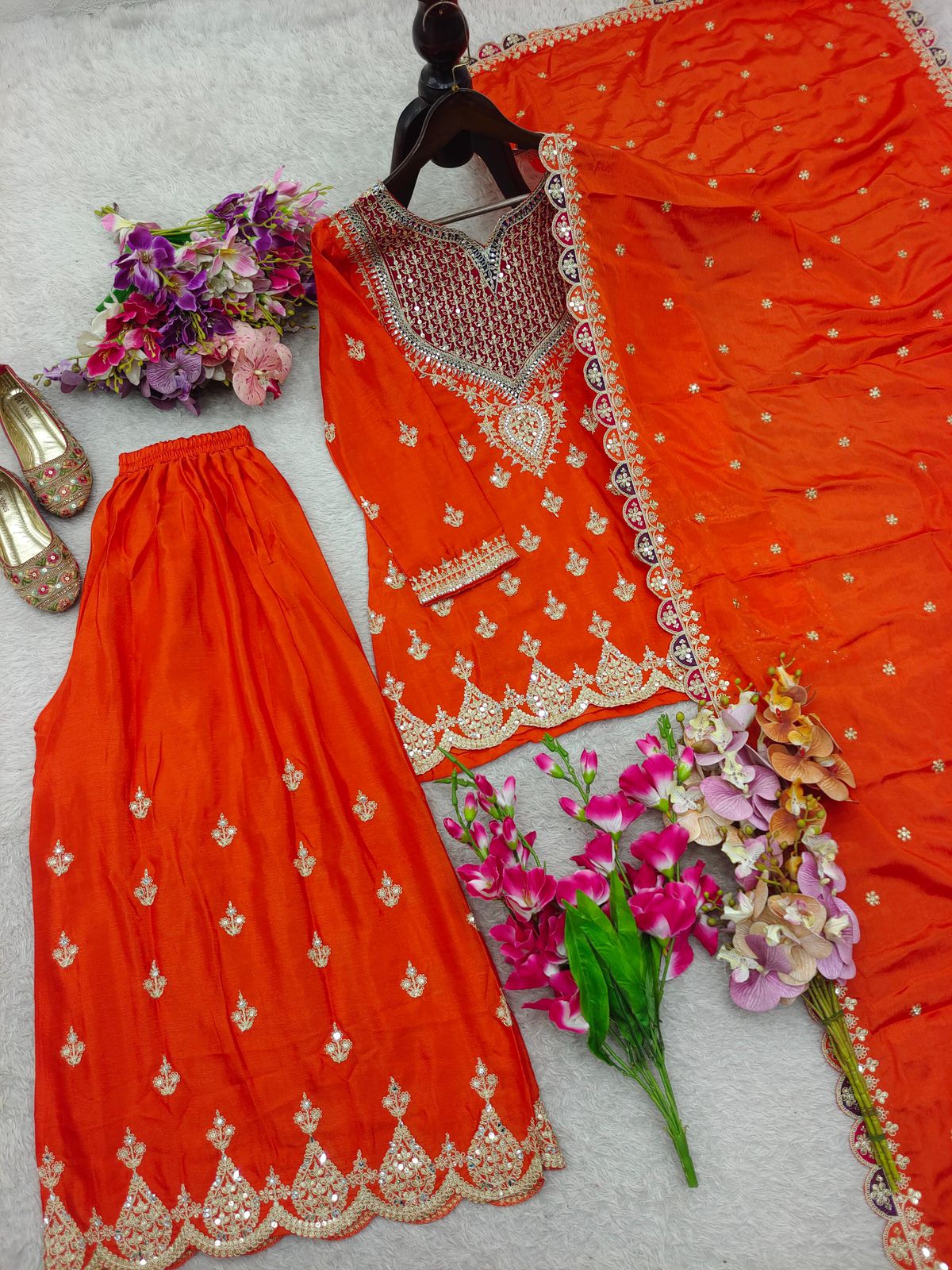 Elegent Orange Palazzo Suit With  Sequence Work And Mirror Diamonds