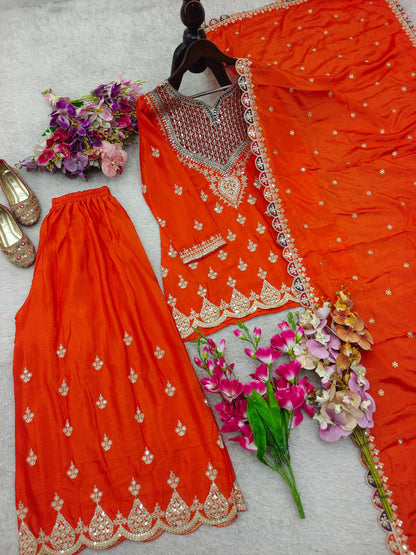 Elegent Orange Palazzo Suit With  Sequence Work And Mirror Diamonds