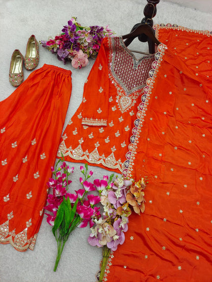 Elegent Orange Palazzo Suit With  Sequence Work And Mirror Diamonds