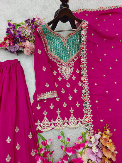 Beautiful Wine Purple Kurti Sharara Set With Heavy Embroidery