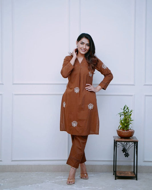Brown Minimal Embroidery Kurti Set
