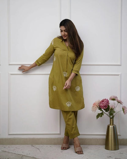 Olive Green Regular Wear Kurti Pant Set
