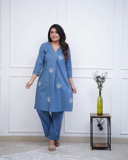 Sky Blue Straight Kurti Pant Set For Women