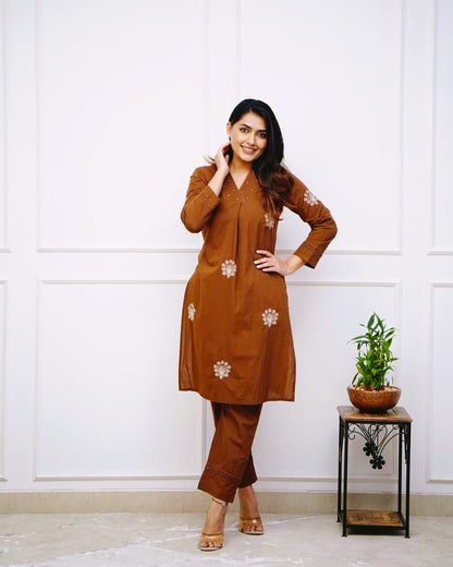 Brown Minimal Embroidery Kurti Set