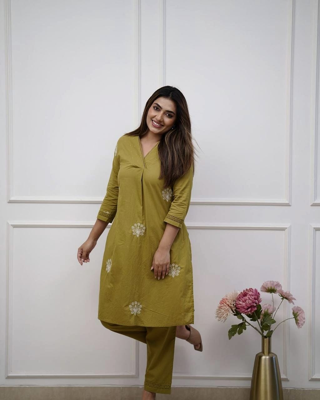 Olive Green Regular Wear Kurti Pant Set
