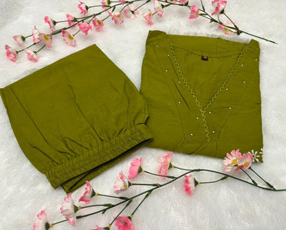Olive Green Regular Wear Kurti Pant Set