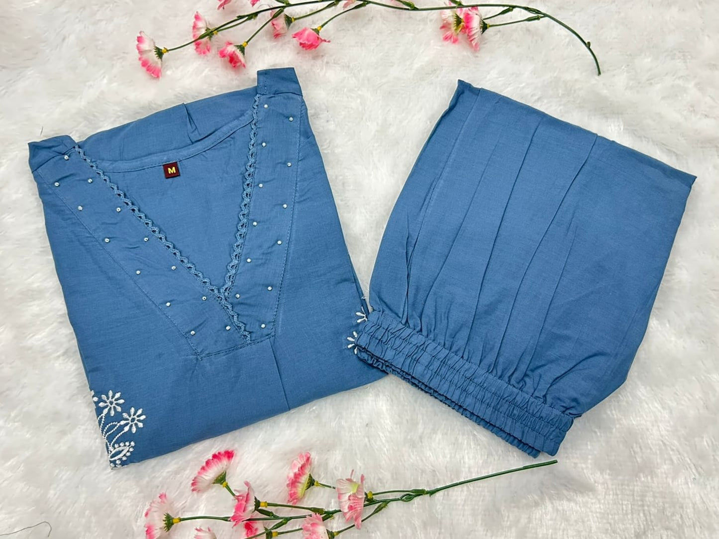 Sky Blue Straight Kurti Pant Set For Women