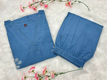 Sky Blue Straight Kurti Pant Set For Women