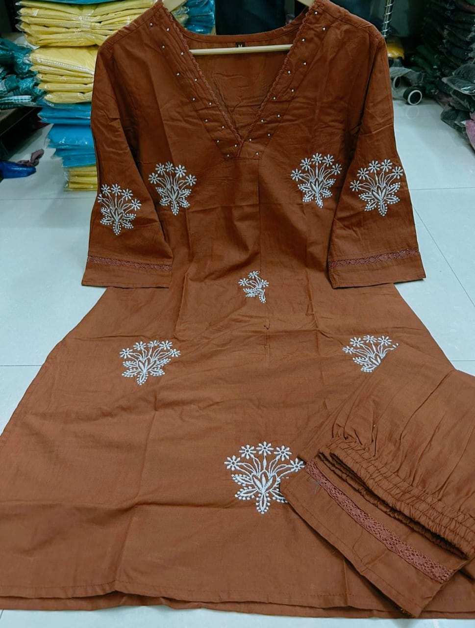 Brown Minimal Embroidery Kurti Set