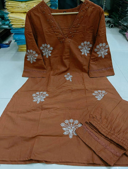 Brown Minimal Embroidery Kurti Set