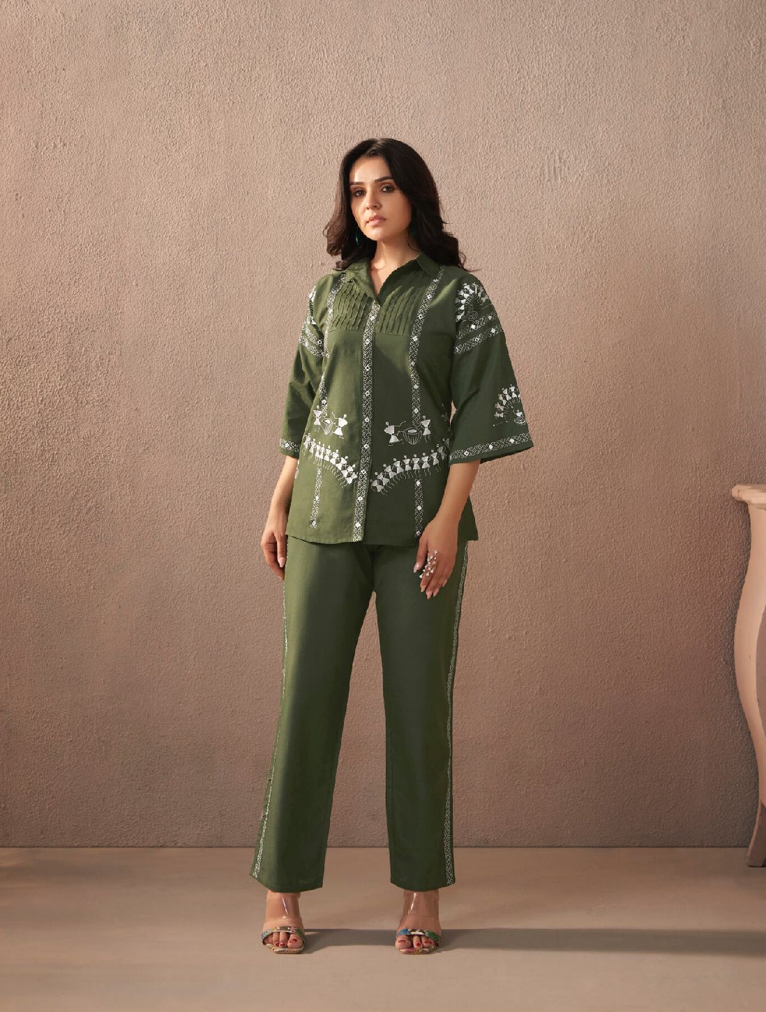 Green Cotton With Beautifully Embroidery Work Co Ord - Set