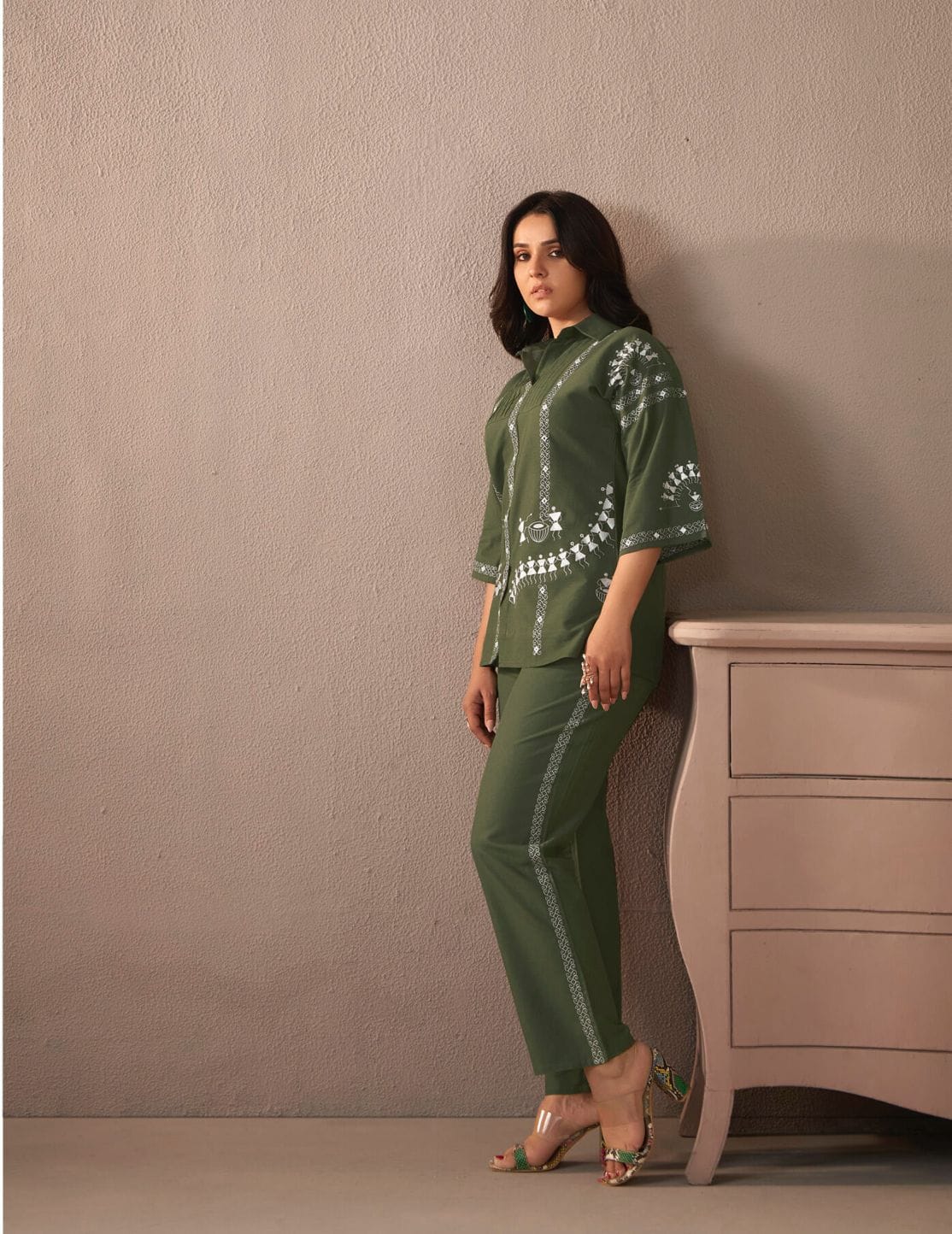 Green Cotton With Beautifully Embroidery Work Co Ord - Set