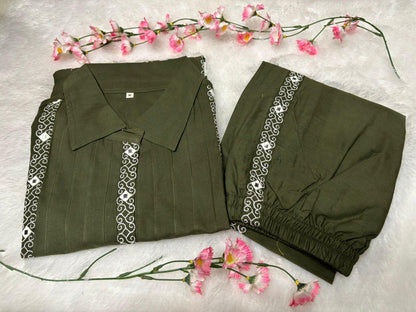 Green Cotton With Beautifully Embroidery Work Co Ord - Set