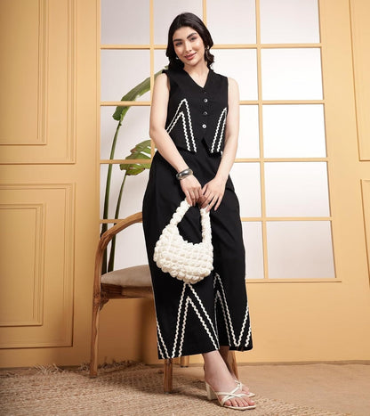 Premium Cotton Slub Top Black With Beautiful Work