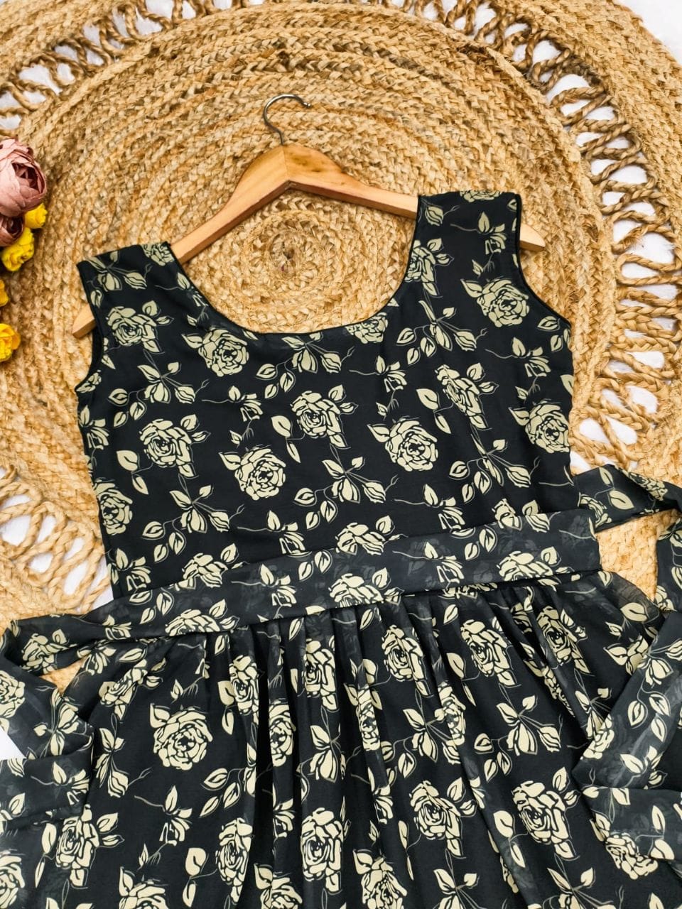 Fox Georgette Black Floral Print One Piece