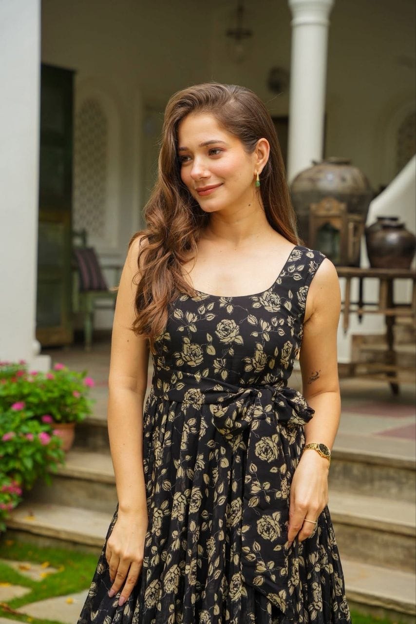 Fox Georgette Black Floral Print One Piece