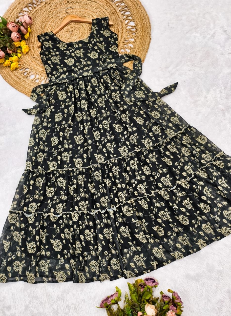 Fox Georgette Black Floral Print One Piece