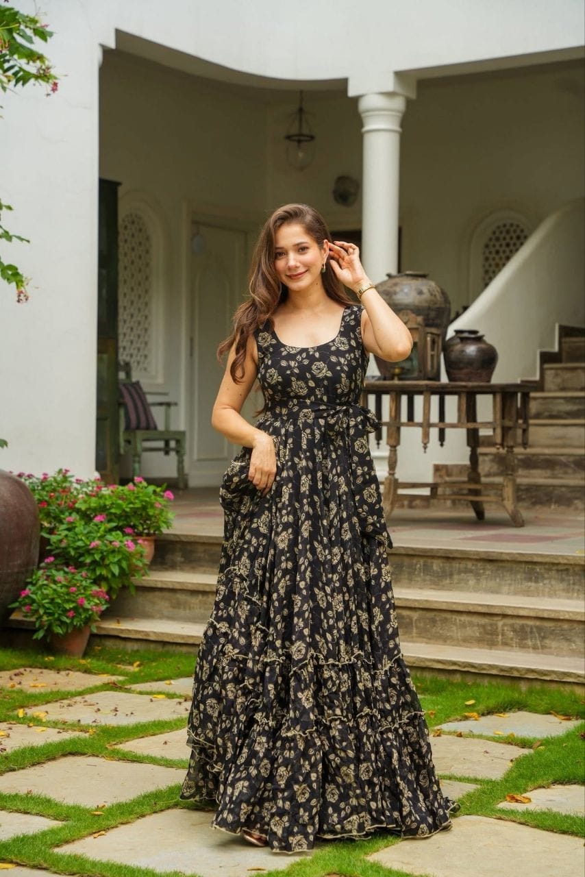 Fox Georgette Black Floral Print One Piece