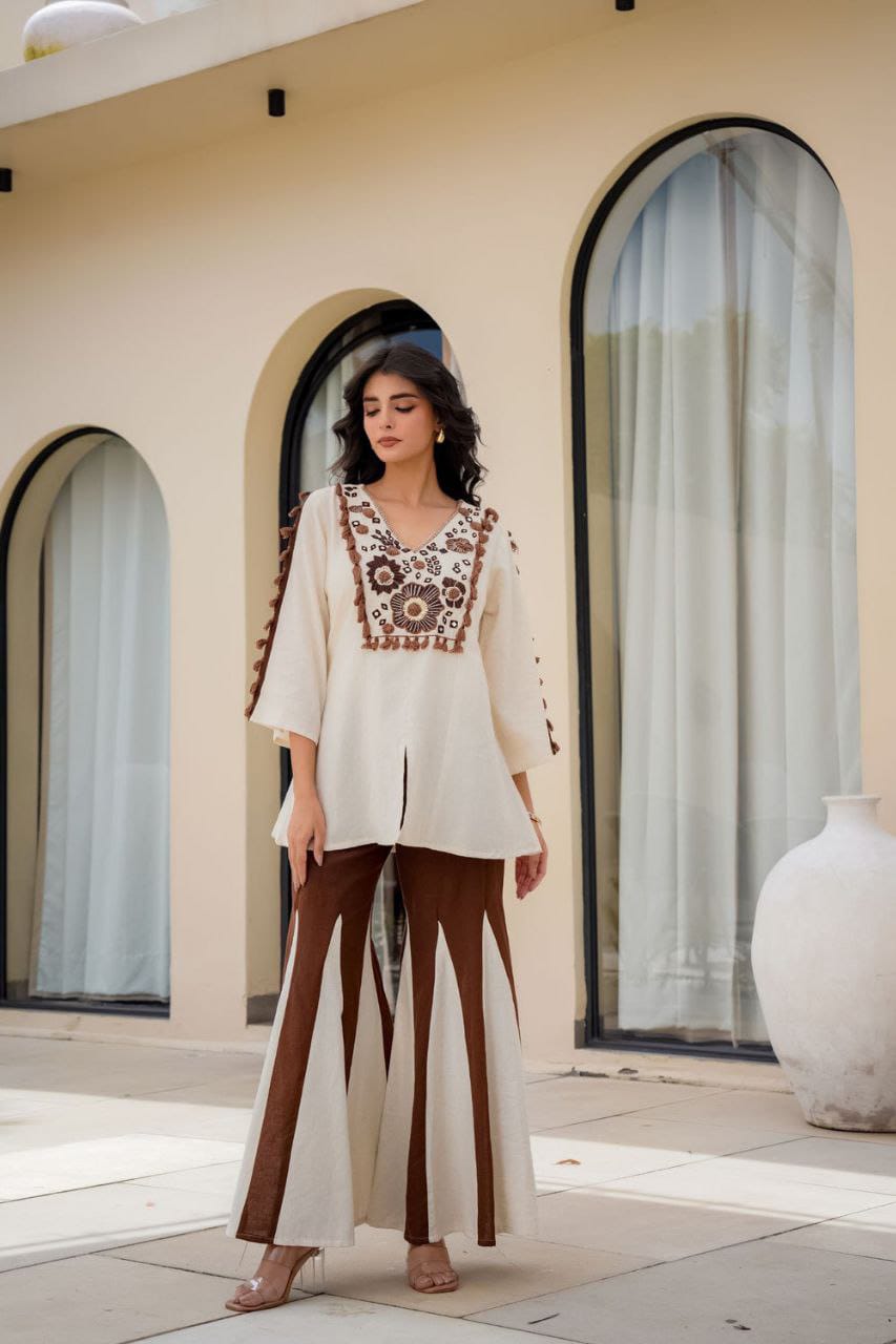 Ivory Embroidered Indo-Western Top with Flared Palazzo