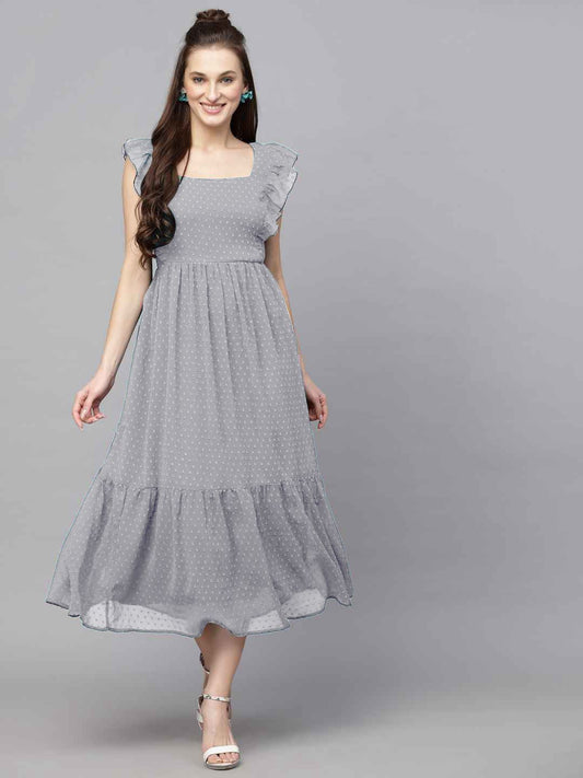 Royal Silver Ruffle Sleeve Midi Dress For Women