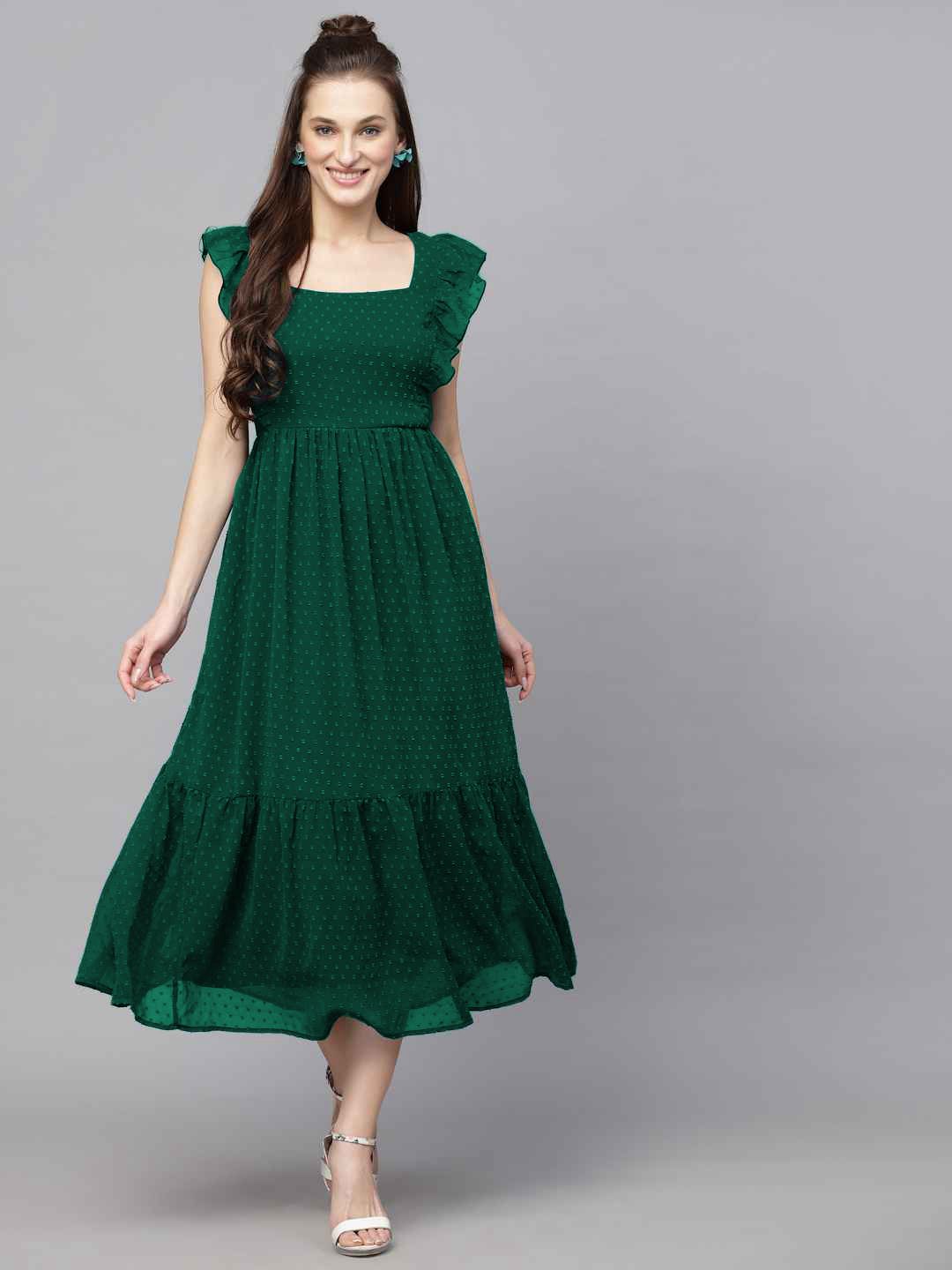 Elegant Green Georgette One Piece Dress With Ruffle Sleeves