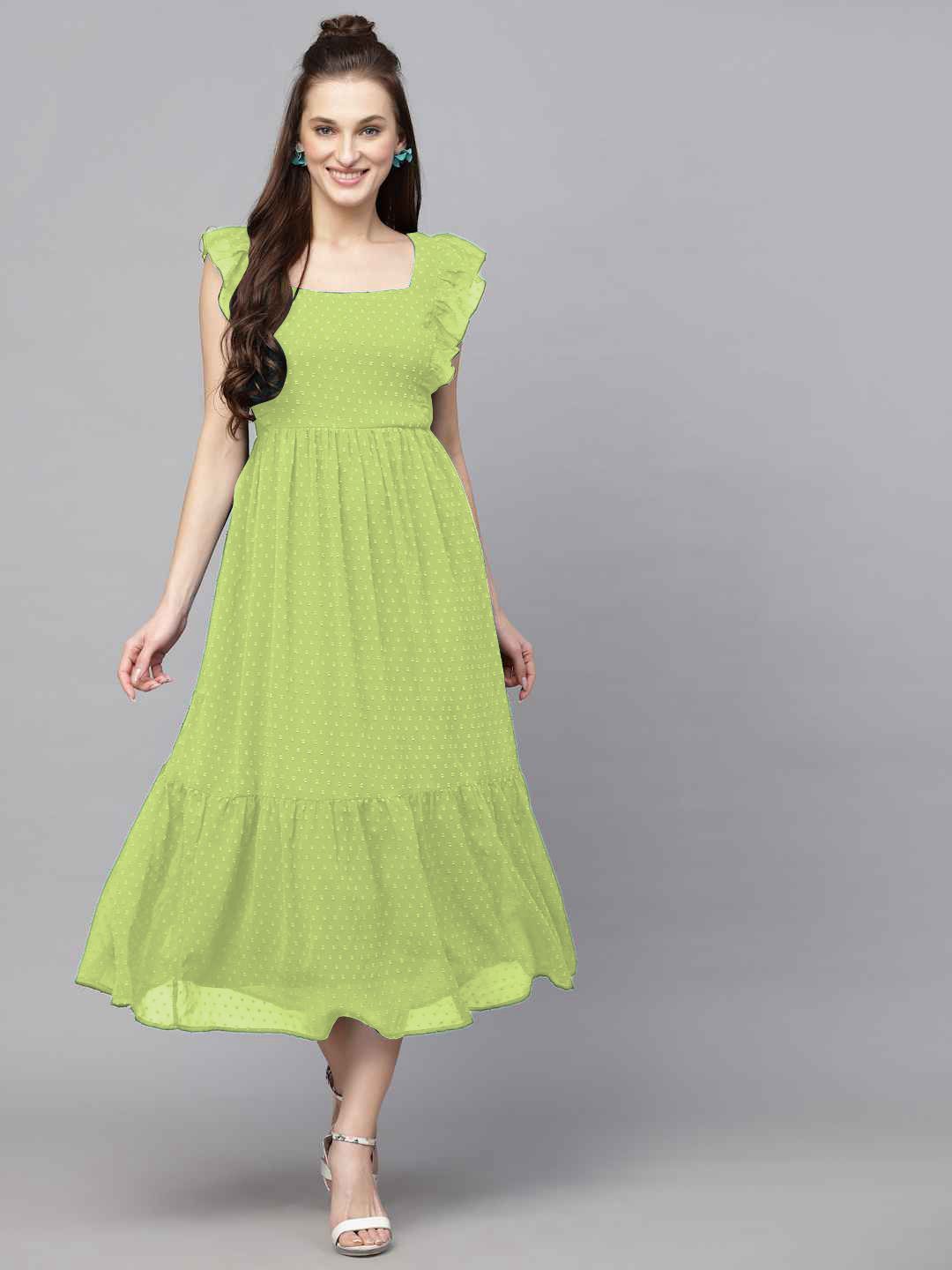 Designer Lemon Green A-Line Dress with Elegant Tiered Hem