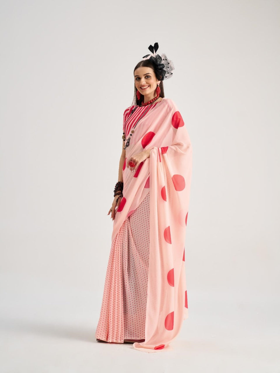 Designer Blush Pink Polka Dot Saree with Stylish Pallu