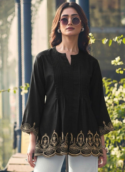 Black Embroidered A-Line Kurti Top for Women