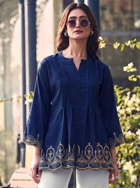 Blue Ethnic Embroidered Kurti Top