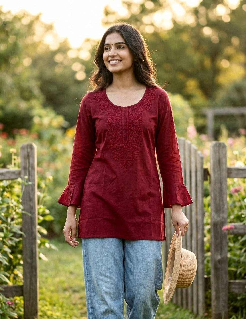 Marron Short length Kurti with Chikan Work