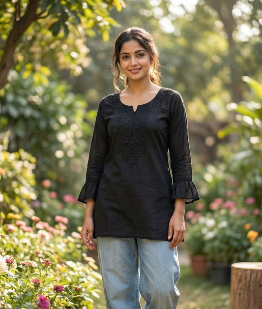 Elegent Rayon Black Short Kurti For Office Wear