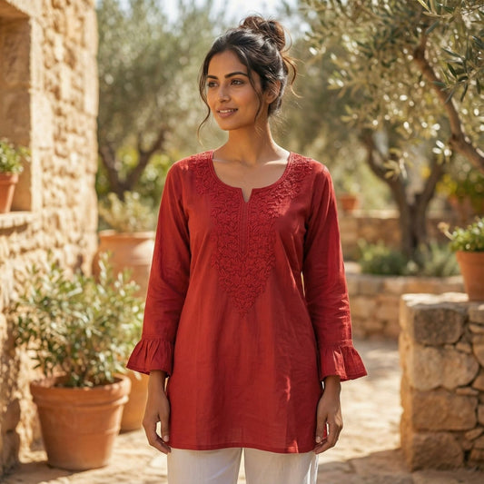 Orange Chikankari Work  Short Top