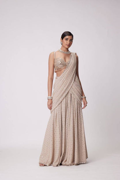 Premium Beige Sequin Work Net Saree with Designer Blouse
