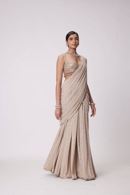 Premium Beige Sequin Work Net Saree with Designer Blouse