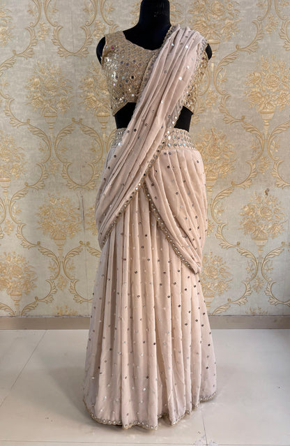 Premium Beige Sequin Work Net Saree with Designer Blouse