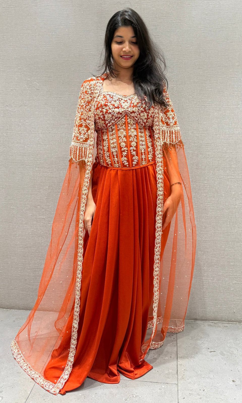 Festive Wear Orange Net With Embroidery Sequins Work Indowestern