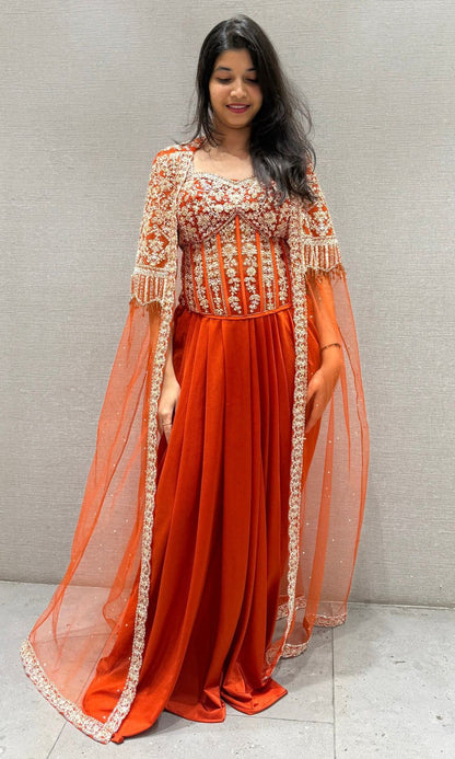 Festive Wear Orange Net With Embroidery Sequins Work Indowestern