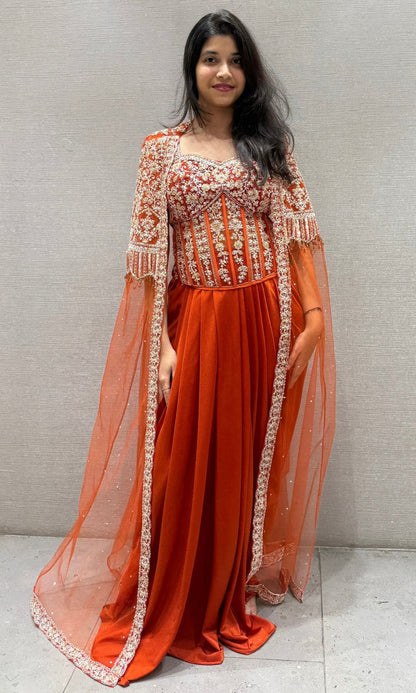 Festive Wear Orange Net With Embroidery Sequins Work Indowestern