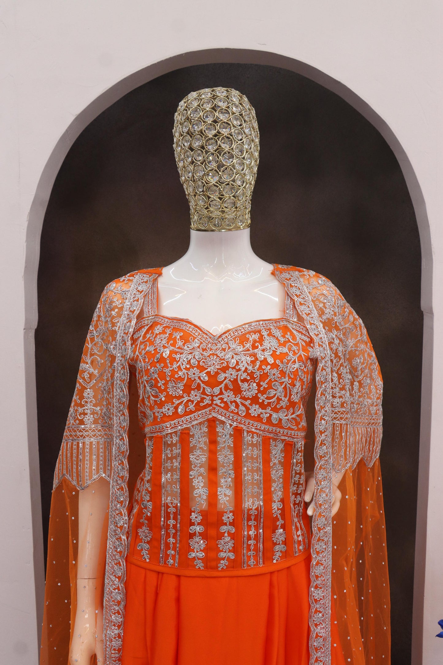 Festive Wear Orange Net With Embroidery Sequins Work Indowestern