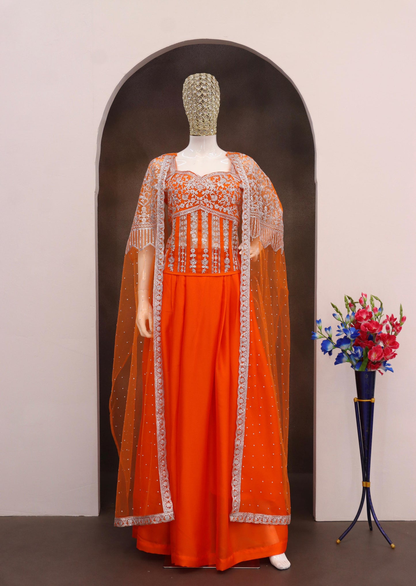 Festive Wear Orange Net With Embroidery Sequins Work Indowestern