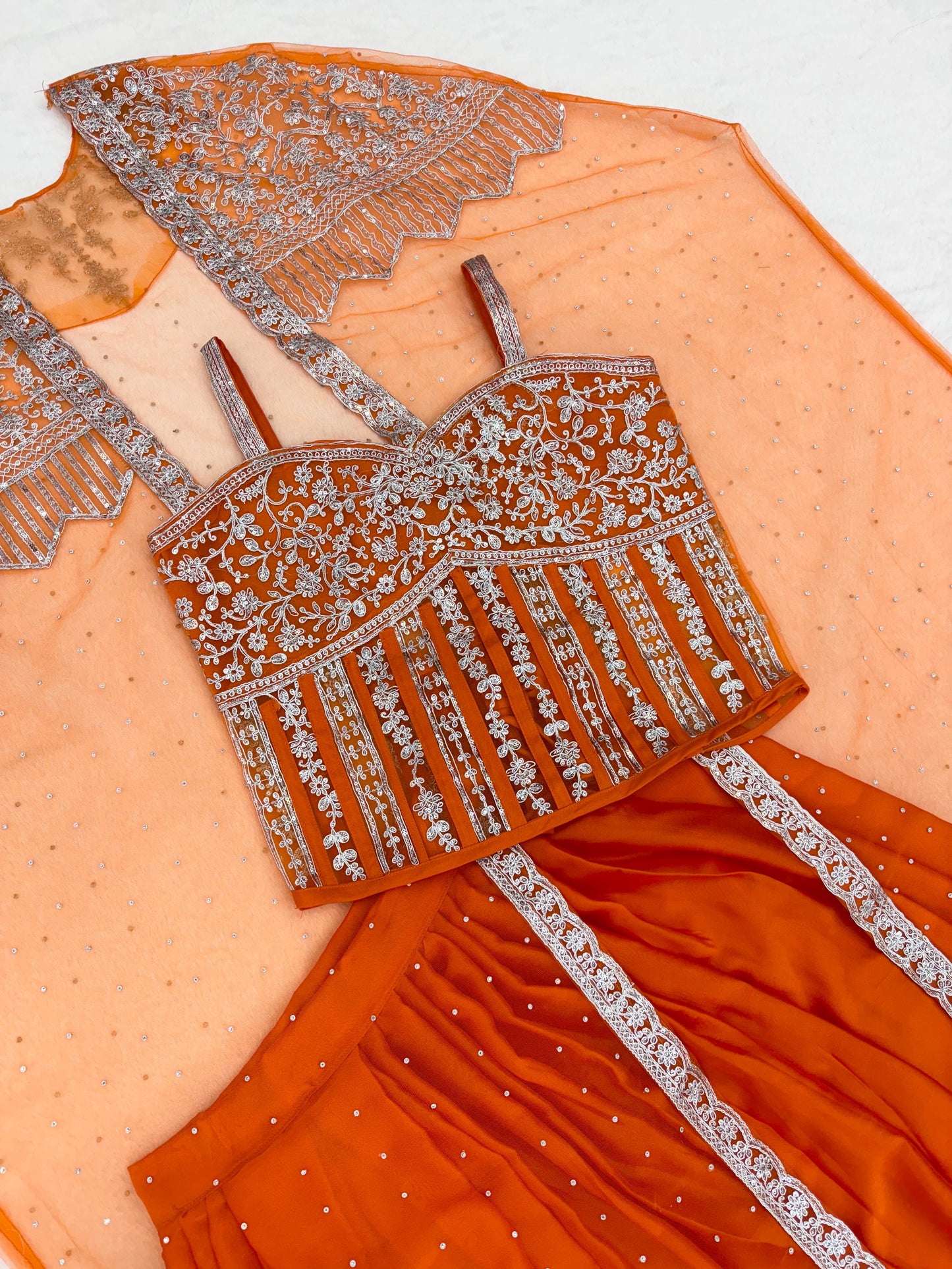Festive Wear Orange Net With Embroidery Sequins Work Indowestern